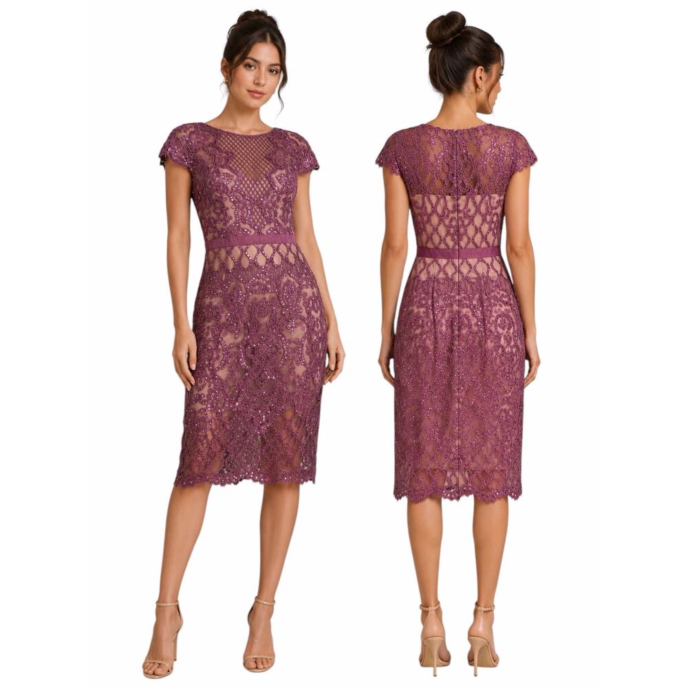 Tadashi Shoji Miranda Sequin Embroidered Cocktail Dress Mauve Size 4
